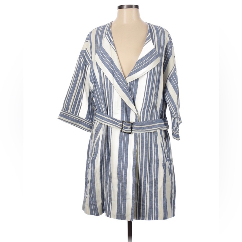 ELEVENSES Anthropologie Striped Jacket Size Medium Linen Belted White Blue